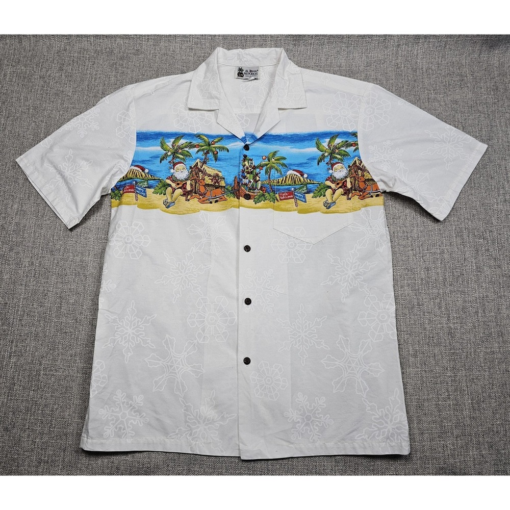 Aloha Republic Shirt‎ Mens Medium White Santa Hawaiian Christmas Made Hawaii USA